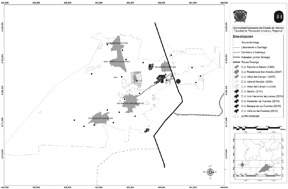 Conjuntos urbanos Bosque de las Fuentes, Valle de las Fuentes, Hacienda de las Fuentes y LomasUrbi en la localidad de San Andrés Ocotlán e Ibérica en Calimaya de Díaz González en el año 2010