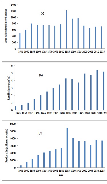 Área cultivada (a), rendiemiento (b) y volumen de producción (c) de trigo en México
