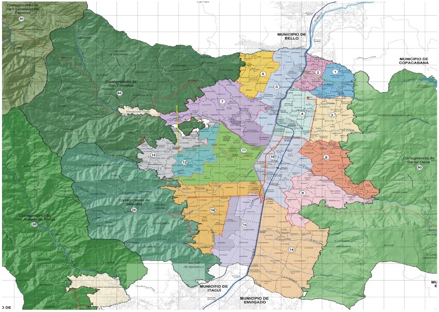 Medellin divided into comunas, corregimientos and neighbourhoods