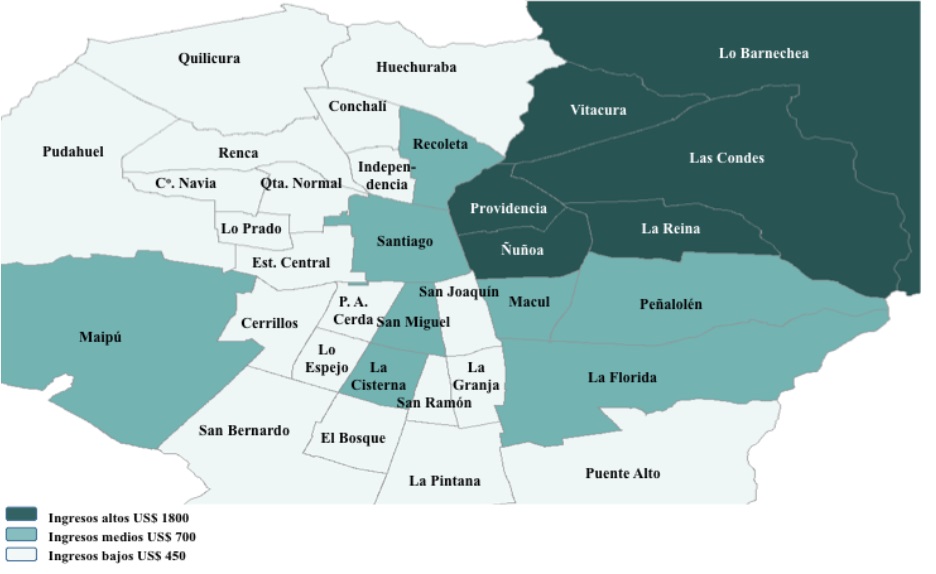 Comunas según estratos de ingreso per cápita (dólares mensuales). Área Metropolitanadel Gran Santiago, 2017