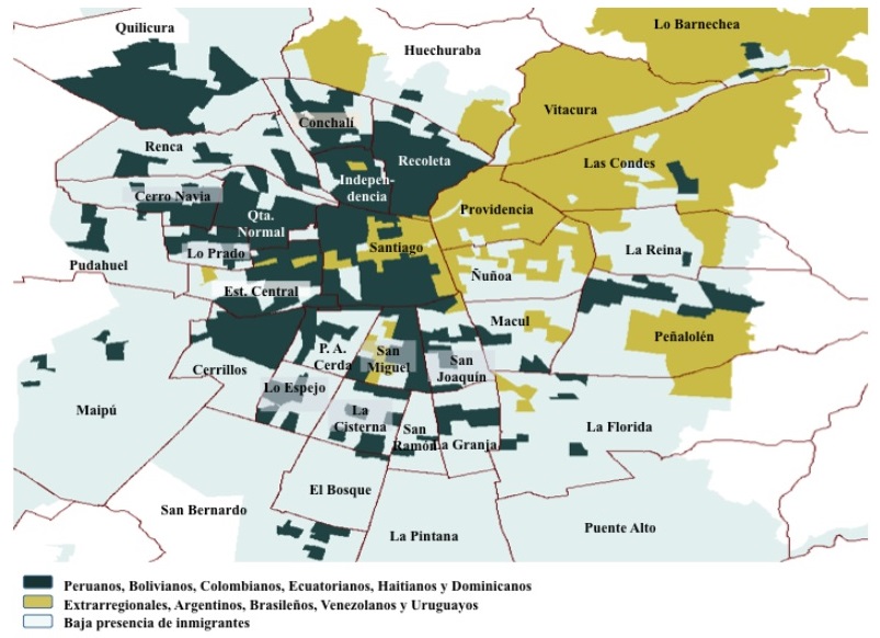 Figura 4: Distribución de inmigrantes por zonas censales según región y países de origen. ÁreaMetropolitana del Gran Santiago, 2017