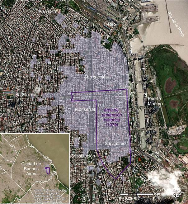 Aglomeración Gran Buenos Aires en 1800 y Área de protección histórica original de 1979