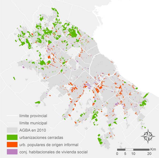 Urbanizaciones populares de origen informal, barrios cerrados y conjuntos habitacionales de vivienda social. Aglomeración Gran Buenos Aires, 2010