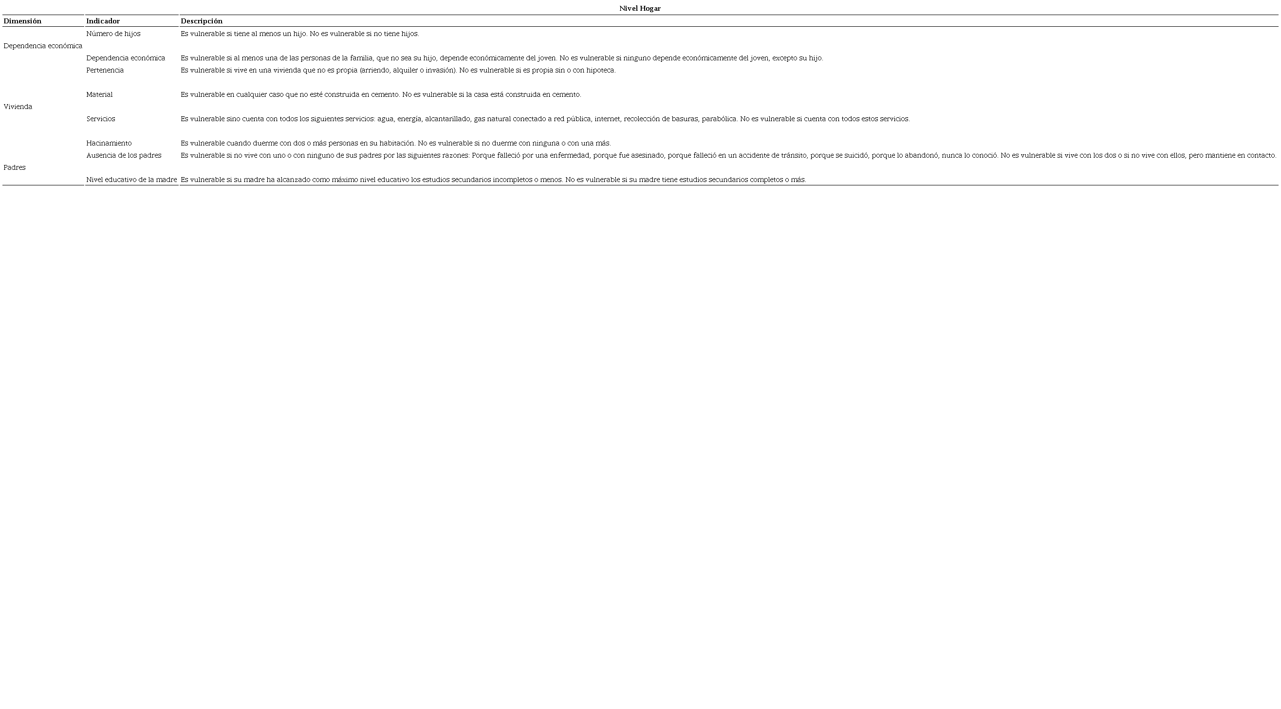 Dimensiones e indicadores a Nivel Hogar del ndice de Vulnerabilidad Juvenil propuesto