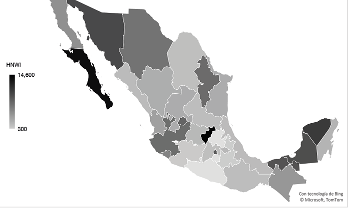 N�mero promedio de HNWI en M�xico por Estado en el periodo 2008-2020