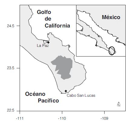 El pol&iacute;gono sombreado se&ntilde;ala la Reserva de la Biosfera Sierra La Laguna