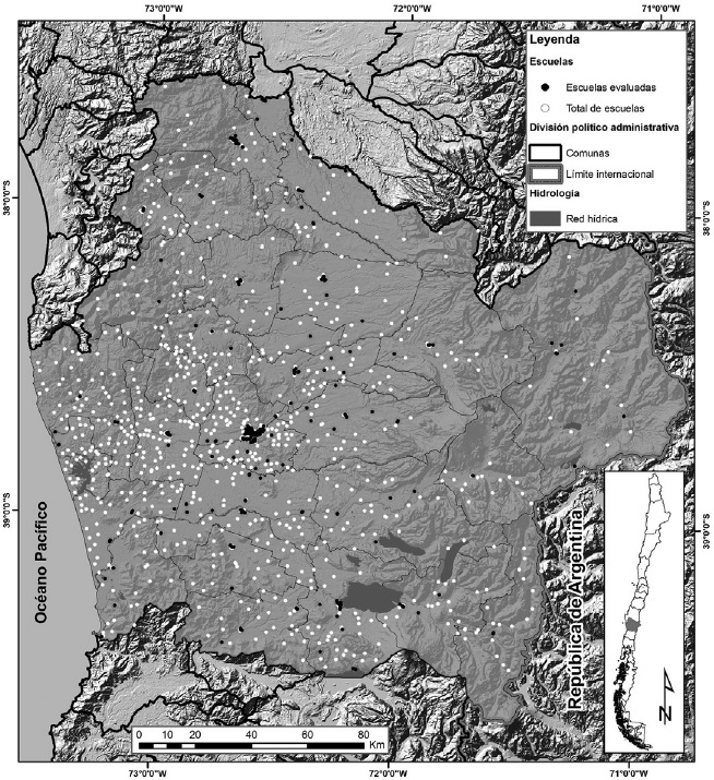 Localizaci&oacute;n de las escuelas en la regi&oacute;n de la Araucan&iacute;a (Chile)