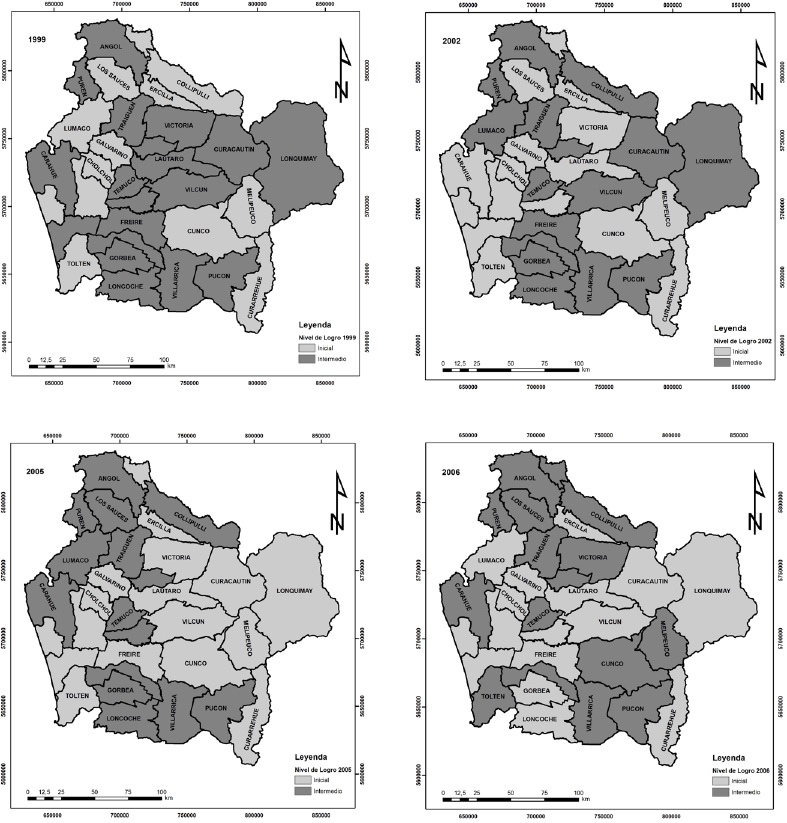Mapa de niveles de logro a escala de comuna en la regi&oacute;n de la Araucan&iacute;a
