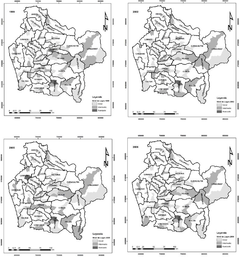 Mapa de niveles de logro a escala de distrito censal en la regi&oacute;n de la Araucan&iacute;a