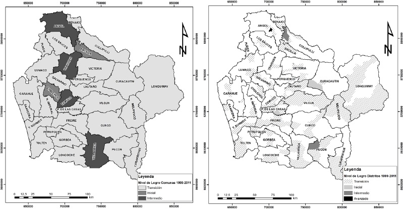 Mapa de s&iacute;ntesis de los niveles de logro en la regi&oacute;n de la Araucan&iacute;a