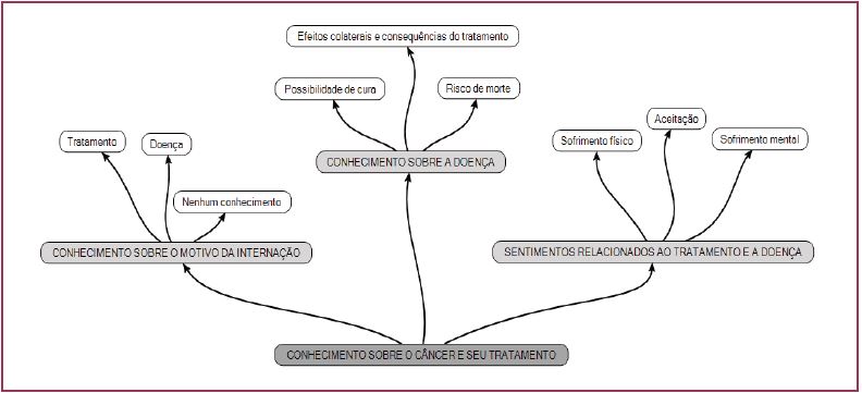 Conhecimento sobre o motivo da interna&ccedil;&atilde;o, o c&acirc;ncer, seu tratamento e sentimentos percebidos pelos pacientes. 