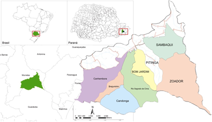 Figura 1&ndash; Mapa
de localizaci&oacute;n de la Micro cuenca Hidrogr&aacute;fica
Rio Sagrado, Morretes 

 (PR) y Mapa de Localizaci&oacute;n de
las Comunidades de la Micro cuenta. 

 