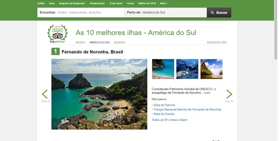 Anncio do TripAdvisor apresentando Fernando de Noronha como a melhor ilha da Amrica do Sul