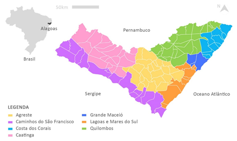 Mapa das regies tursticas de Alagoas.