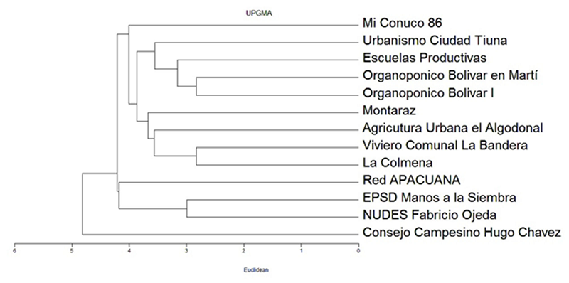 Análisis de agrupamiento de las unidades de
producción agrícola urbana seleccionadas para el estudio