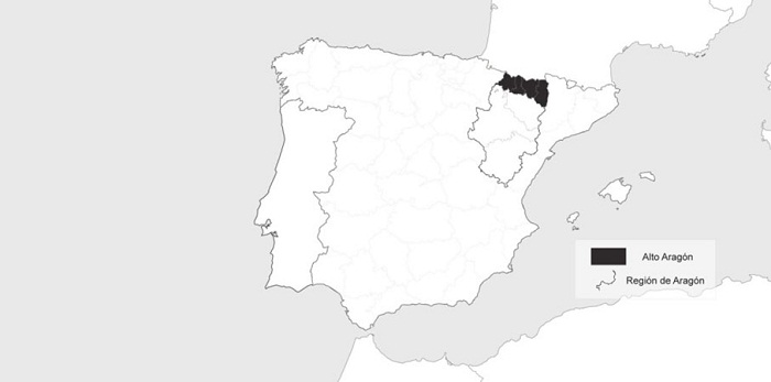 Localizaci&oacute;n del Alto Arag&oacute;n en la regi&oacute;n de Arag&oacute;n, Espa&ntilde;a