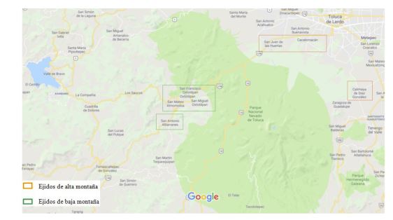 Localizaci&oacute;n de los ejidos de alta monta&ntilde;a (noreste) y de baja monta&ntilde;a (oeste) del
                        nevado