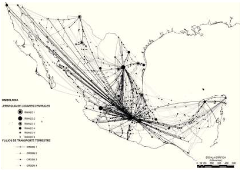 Jerarquía y flujos de transporte terrestre por ciudad, 2006 Fuente: elaboración propia con base en Sedesol, IIEc, UNAM, 2012.