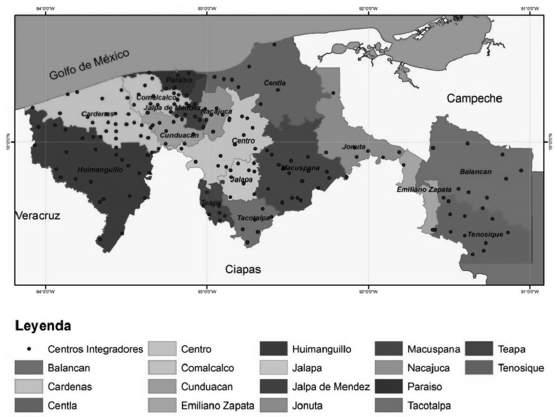 Ubicaci&oacute;n geogr&aacute;fica de los centros integradores del estado de Tabasco
