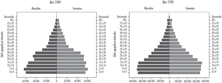 Pirámides de edad de Vietnam y México, A) Pirámide poblacional para Vietnam (1989) y México (1990)
