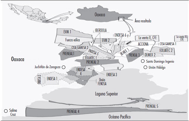 Distribución inicial de los parques eólicos de las corporaciones transnacionales en el Istmo de Tehuantepec. Parques eólicos en desarrollo