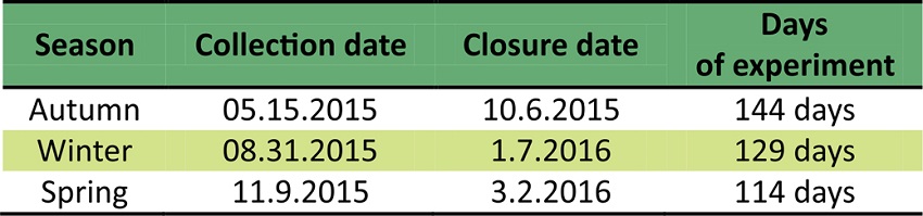 Season, collection date, closure date and number of days from the beginning to the end of the experiments carried out with cuttings from Campomanesia aurea treated at different doses of IBA.
