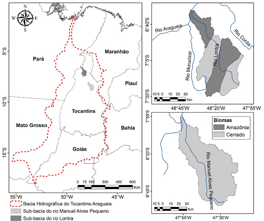 Localiza&ccedil;&atilde;o da Bacia Hidrogr&aacute;fica do Rio Tocantins-Araguaia no territ&oacute;rio brasileiro com destaque para as Bacias Hidrogr&aacute;ficas dos Rios Lontra e Manoel Alves Pequeno.