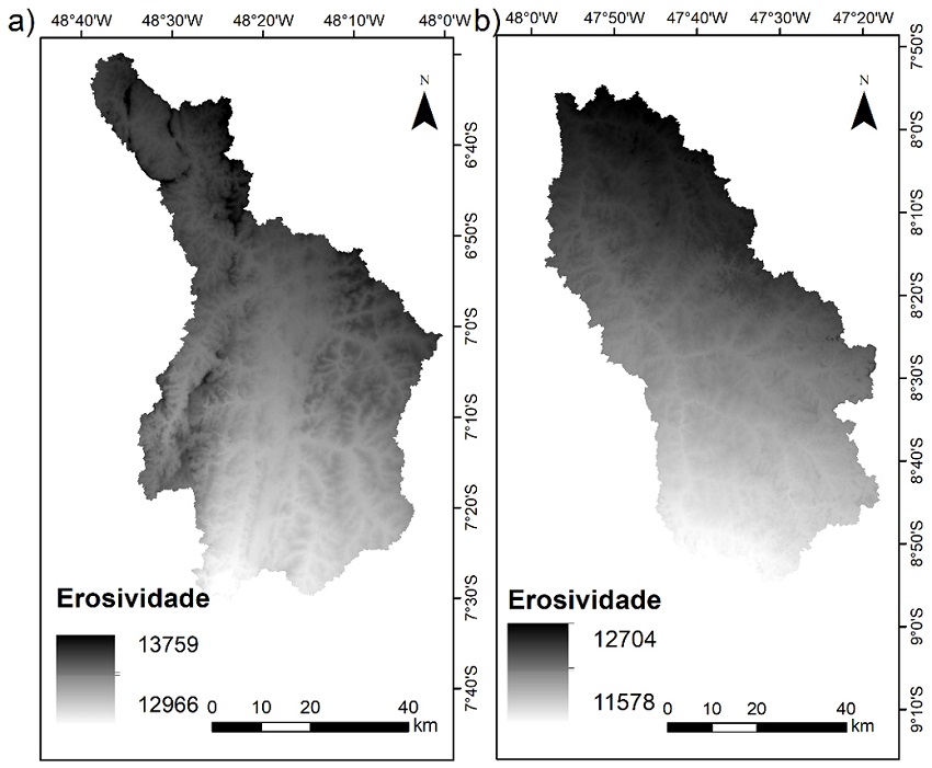 Mapas do Fator R (MJ mm ha-1 h-1 ano-1) nas Bacias Hidrogr&aacute;ficas dos Rios Lontra (a) e Manoel Alves Pequeno (b) gerados pela metodologia krigagem com regress&atilde;o. 
