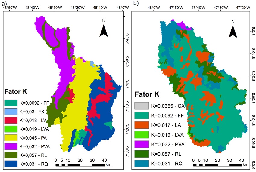 Mapas do Fator K (Mg h MJ-1 mm-1) das bacias hidrogr&aacute;ficas dos Rios Lontra (a) e Manoel Alves Pequeno (b). 