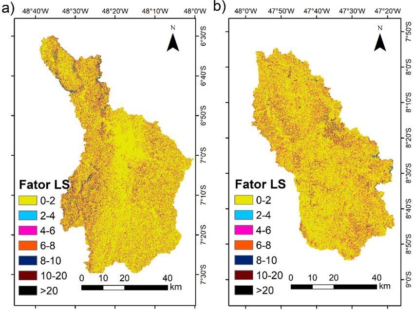 Mapas do Fator Topogr&aacute;fico (adimensional) das bacias hidrogr&aacute;ficas dos rios Lontra (a) e Manoel Alves Pequeno (b).