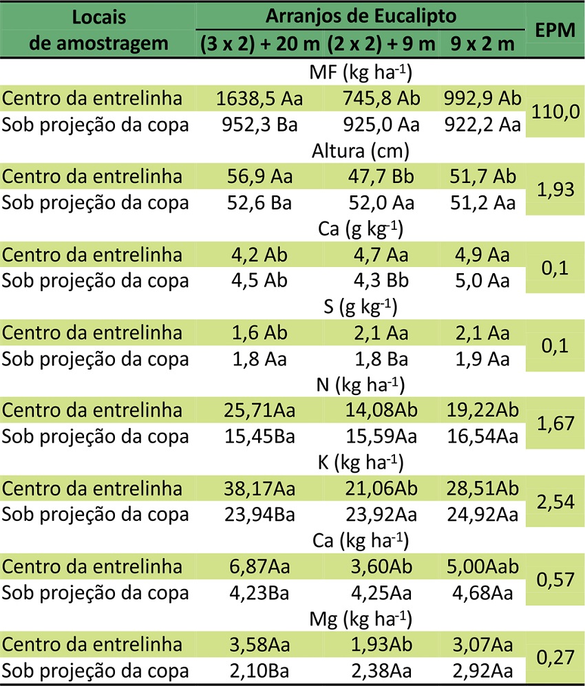 Massa de forragem (MF), altura, teores de c&aacute;lcio (Ca) e enxofre (S) e extra&ccedil;&atilde;o de nitrog&ecirc;nio (N), pot&aacute;ssio (K), Ca e magn&eacute;sio (Mg) do Capim-braqui&aacute;ria sob tr&ecirc;s arranjos de Eucalipto, em dois locais de amostragem.