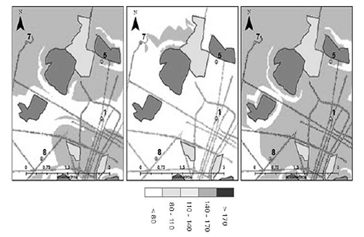 Figura 9. Concentraci&oacute;n de PM10
en la zona entre los sitios de monitoreo 5, 7 y 8 en marzo (MR), junio (JN) y
octubre (OC)