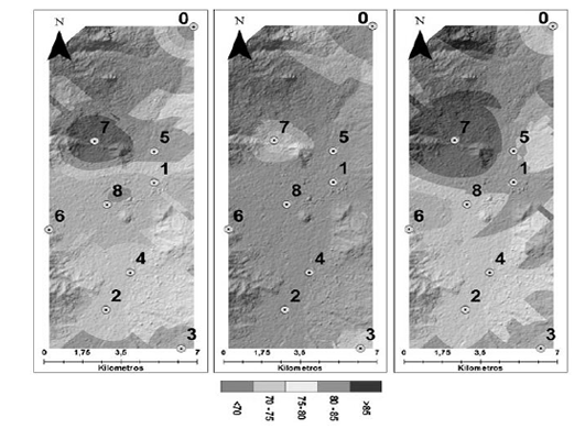 Figura 2. Caracterizaci&oacute;n
espacial de PM10 (Ii) en marzo (MR), junio (JN) y octubre (OC),
respectivamente.