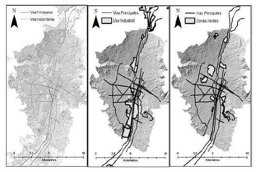 Figura 3. V&iacute;as principales y
secundarias, Usos industriales y zonas verdes.