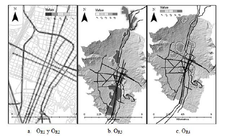 Figura 5. Mapas reclasificados
de distancia a v&iacute;as (a), industrias (b) y zonas verdes (c).