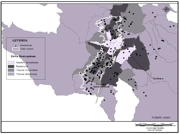 Distribución de las muertes por at según zona homogénea, distrito metropolitano de Quito, 2013.