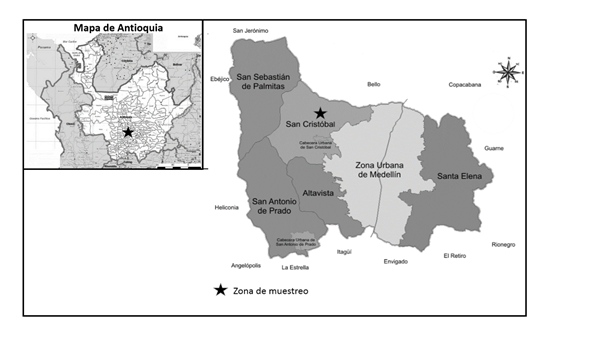 Zona de muestreo en el corregimiento de San Crist&oacute;bal, en el mapa de corregimientos del municipio de Medell&iacute;n.