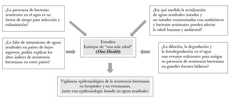 Preguntas que requieren mayores estudios sobre el impacto, en la salud pública y ambiental, de la presencia de bacterias resistentes y genes de resistencia a antibióticos en ambientes acuáticos.