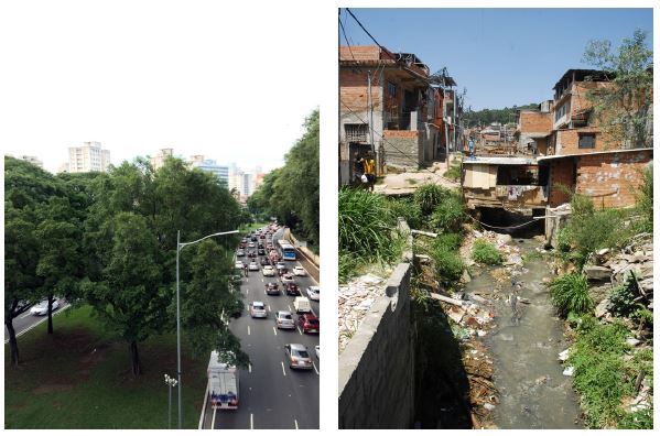 Córrego Itororó, sob a Av. 23 de Maio (central), e córrego do Caburé (periferia).