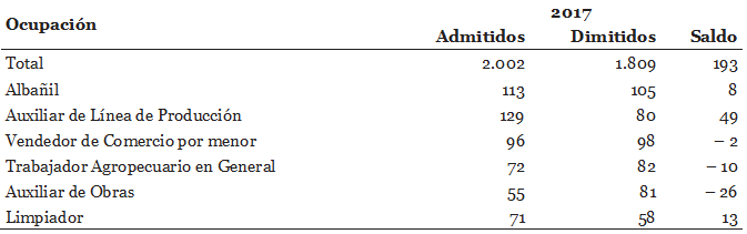 Movimiento de paraguayos en el mercado formal de trabajo, por principales ocupaciones. Brasil, 2017