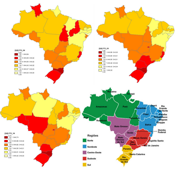 Índice de Trabalho Decente (ITD) estadual, Brasil, 2004, 2009 e 2014