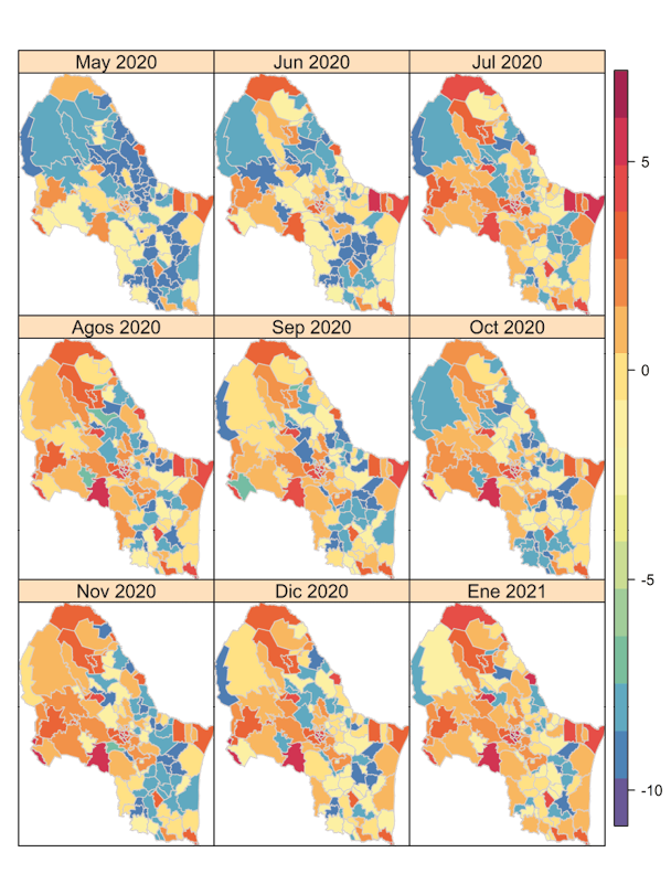 Media posterior estimada de las tasas estandarizadas de letalidad por el modelo de interaccin tipo I para los municipios del noreste de Mxico entre los meses de mayo de 2020 a enero 2021