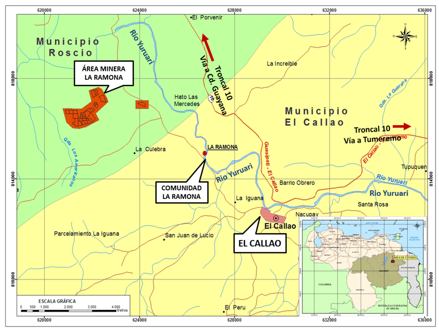 Ubicacin relativa de la comunidad y rea minera de La Ramona municipio El Callao y Roscio estado Bolvar