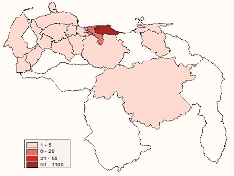 Venezuela. Frecuencia de lesionados por armas de fuego registrados en los hospitales estudiados a nivel estadal, 2017 a 2019.