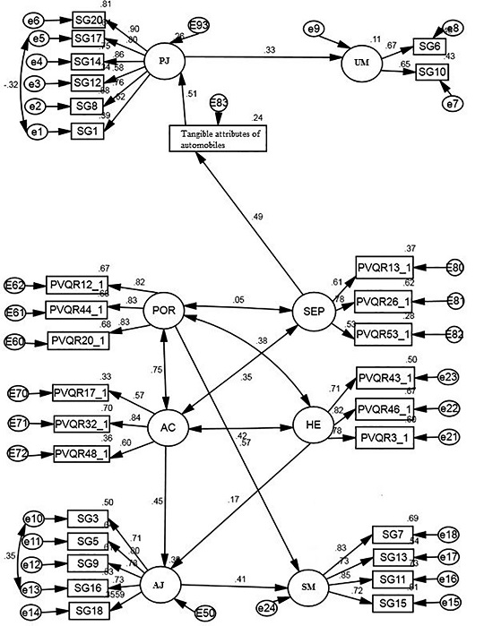 Structural model for the influence of Human Values on judgment and meaning considering the United States of America sample.