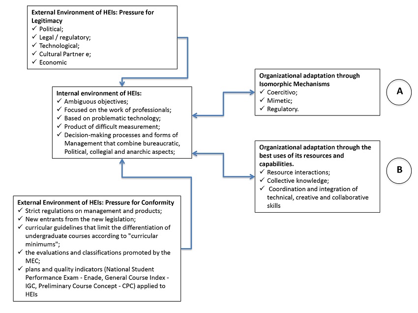 Generic model of the interaction of HEI and the Institutional Environment of higher education in Brazil.