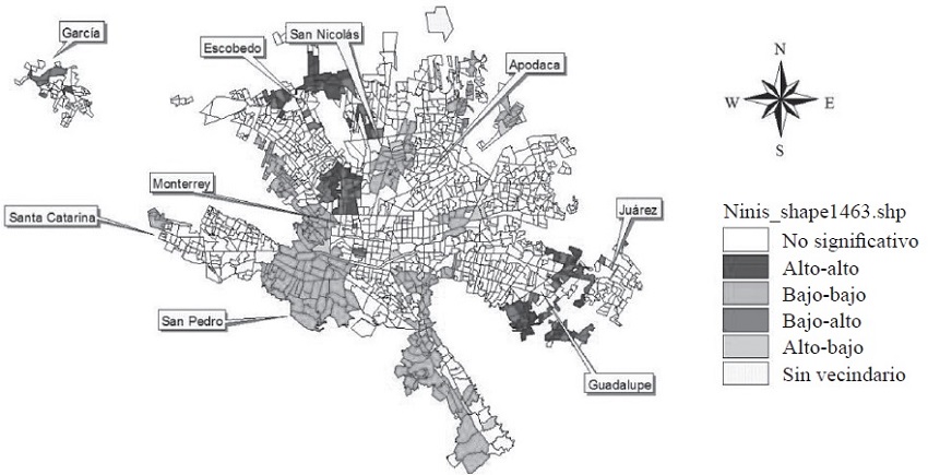 Autocorrelaci&oacute;n espacial local. Porcentaje de ninis en AMM.