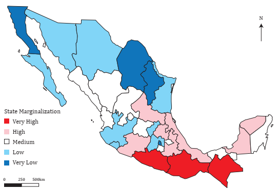 Mexican states by marginalization level 2015