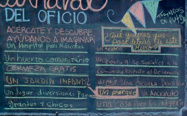 Actividad de dise&ntilde;o participativo. Lluvia de ideas aportadas por la comunidad de la localidad de Los M&aacute;rtires para la intervenci&oacute;n de un espacio p&uacute;blico. Calle 13, centro de Bogot&aacute;