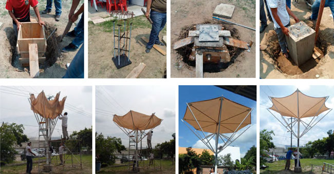 Proceso constructivo del prototipo de paraguas retr&aacute;ctil, desde la cimentaci&oacute;n hasta el montaje, y desplegado de la vela en la estructura, esto se desarroll&oacute; en la Facultad de Arquitectura de la Universidad Veracruzana, Campus Poza Rica